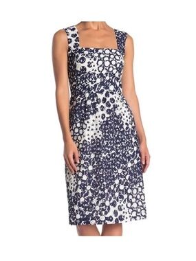 Trina Turk Navy White Lace Sheath Dress Size 6 Sleeveless Square Neck